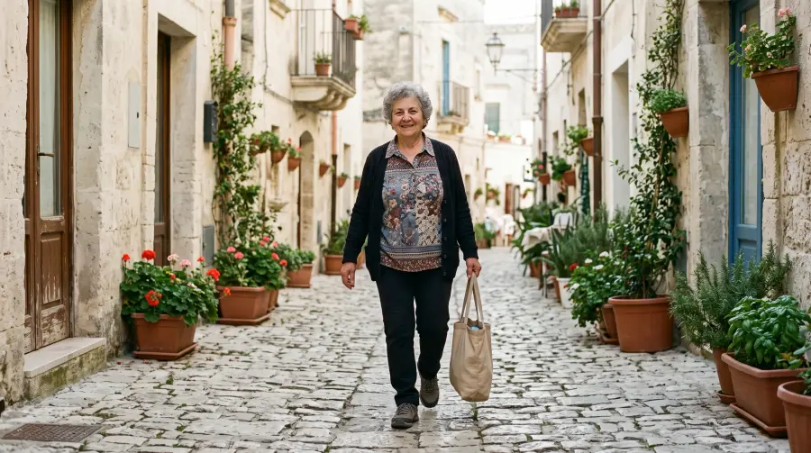 Una donna con una borsa di tela cammina sorridendo in un vicolo lastricato di un paese del Sud.