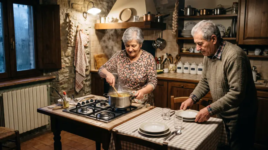 Una coppia anziana prepara la cena in una cucina calda, in una sera d'inverno.