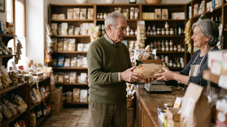Un uomo anziano riceve una pagnotta incartata al banco di un piccolo negozio di alimentari.