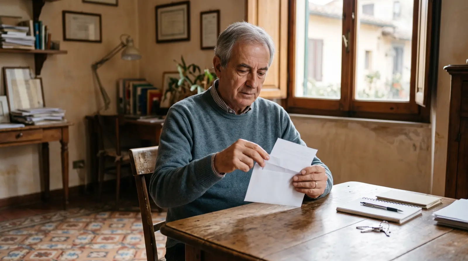 Un uomo sui sessantacinque anni apre una busta bianca alla scrivania di casa.