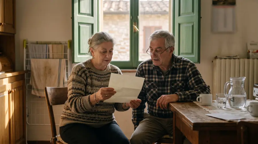 Una coppia di settantenni legge un foglio al tavolo di cucina, nella luce del pomeriggio.