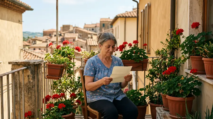 Una donna legge una lettera su un balcone fiorito di gerani, in un pomeriggio d'estate.