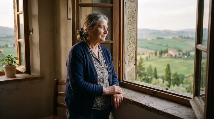 Una donna sui settant'anni guarda le colline dalla finestra aperta di una casa di pietra.