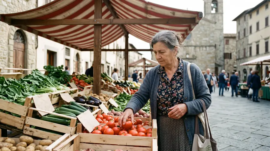 Una donna sui settant'anni sceglie i pomodori a un banco del mercato in piazza.